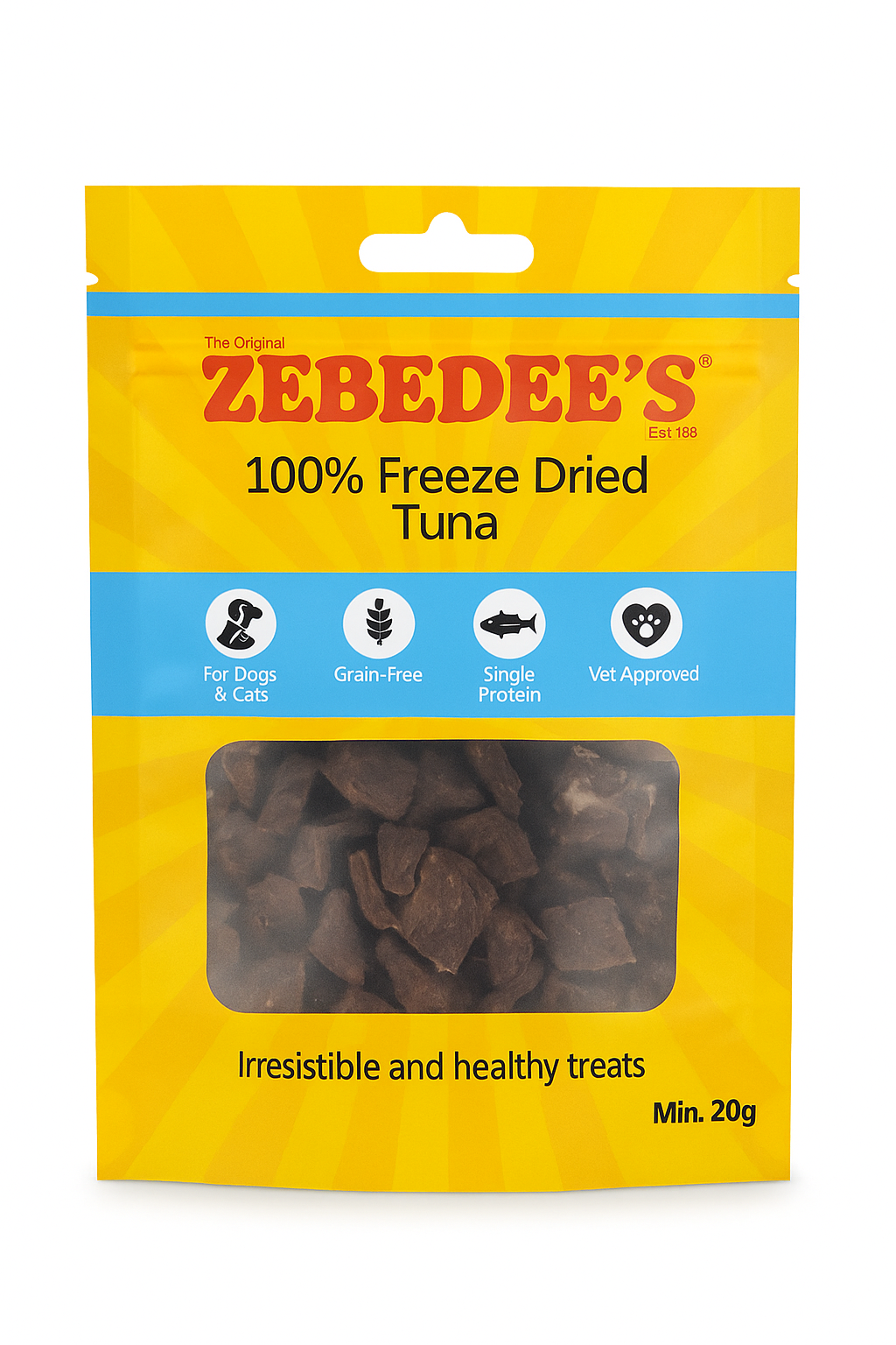 Zebedee's 100% Freeze Dried Tuna treats packaging on a white background
