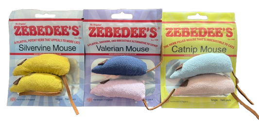 Zebedee’s Handmade Cat Toy Bundle – Catnip Valerian Silvervine (6 Mice Pack)