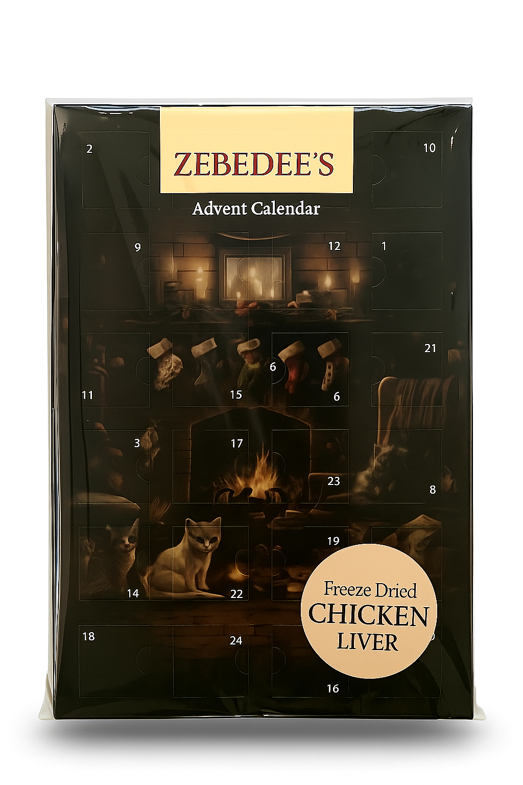 Zebedee's Advent Calendar for freeze-dried chicken liver with a cat by a fireplace illustration.