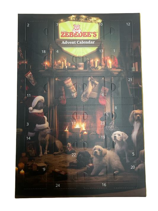 Zeebles' Advent Calendar with festive scene featuring dogs and candles.