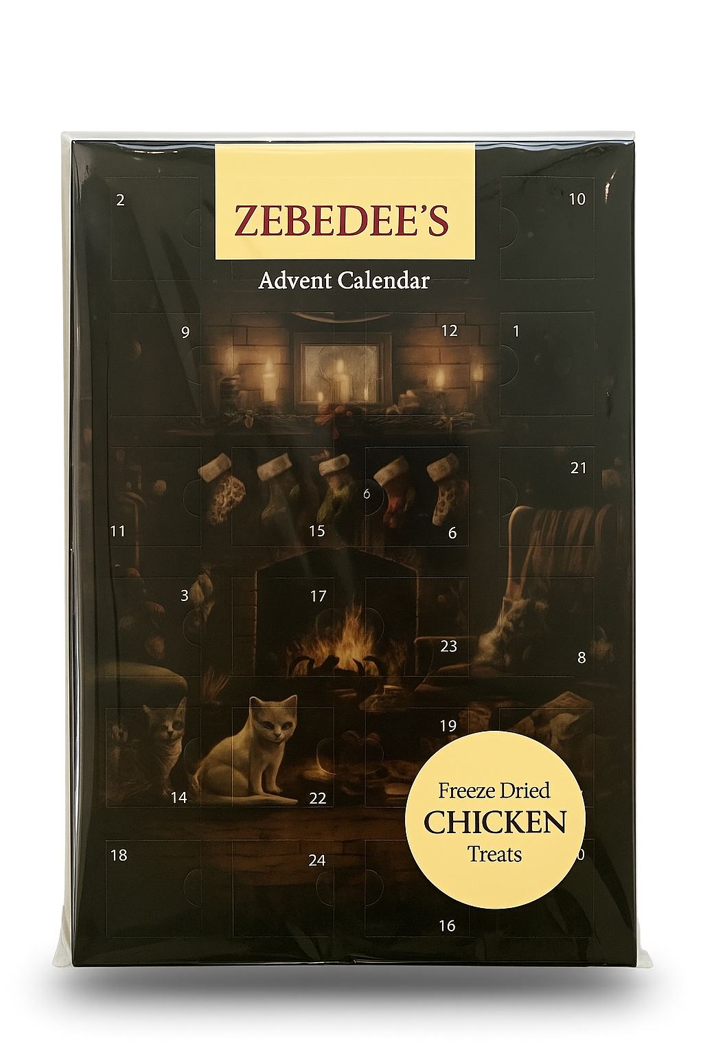Zebedee's Advent Calendar for freeze-dried chicken treats with a festive design.