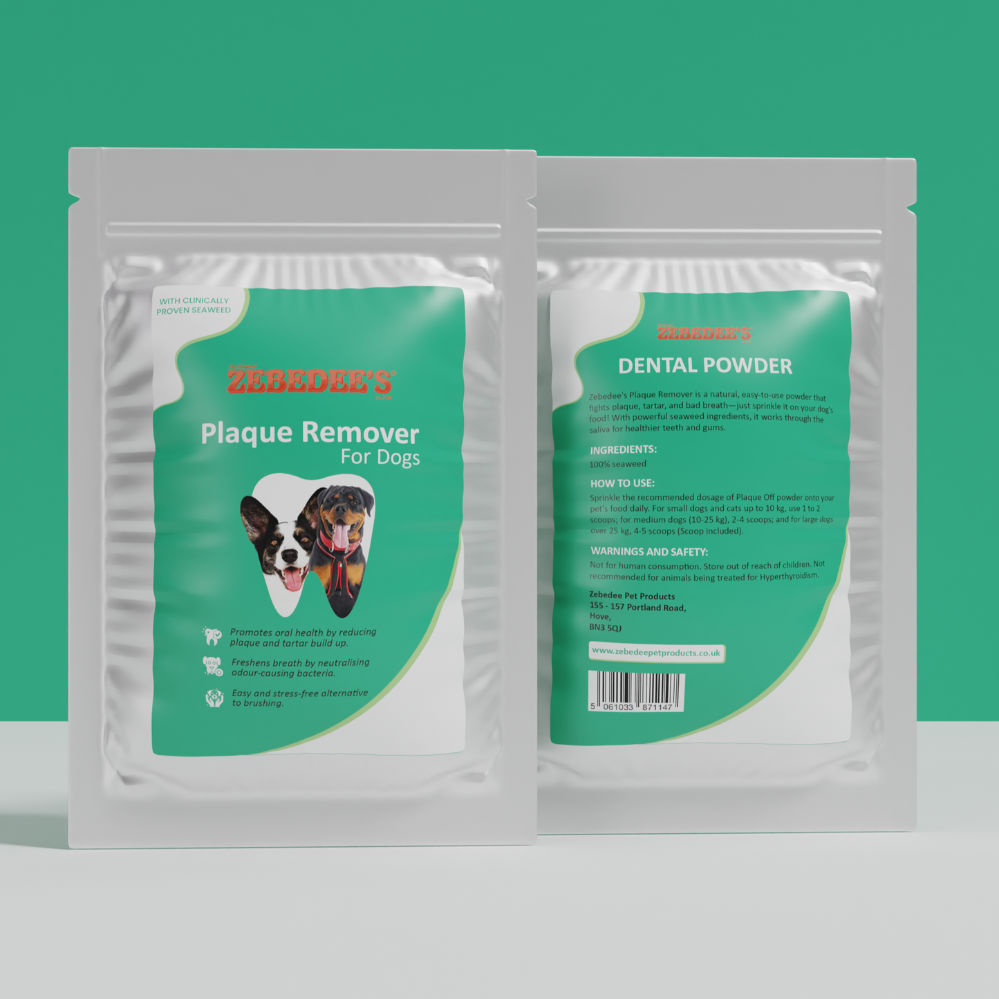 Zebedee Plaque Remover Powder For Dogs - Front and Back View