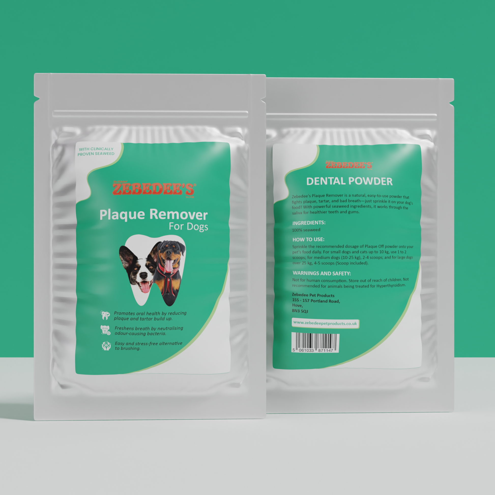 Zebedee Plaque Remover Powder For Dogs - Front and Back View