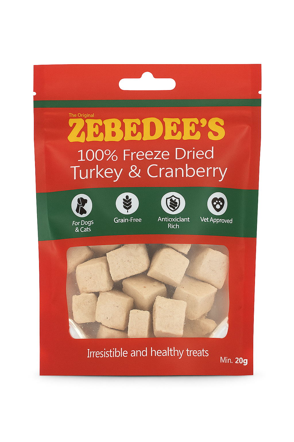 Zebedee's freeze-dried turkey and cranberry treats packaging on a white background